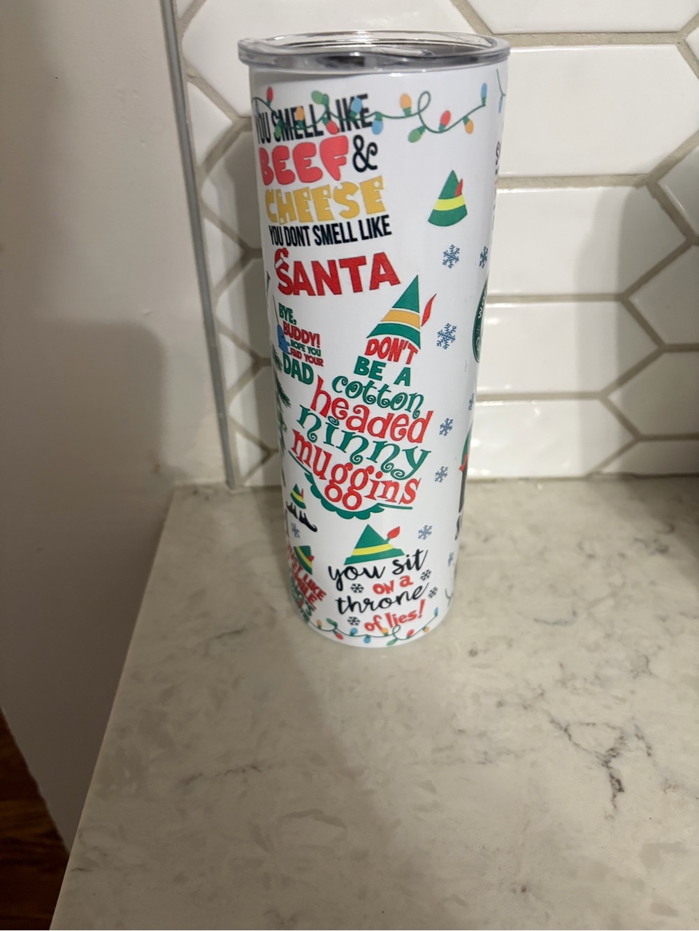 White Holiday Quote Skinny Tumbler with Red & Green Accents